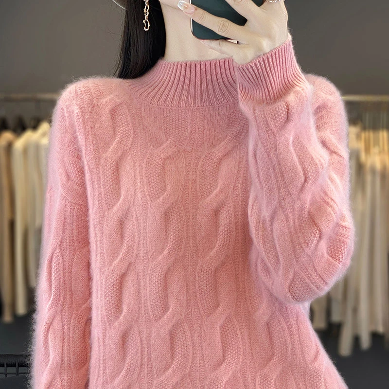 24秋冬新款半高领100纯羊毛衫女宽松显瘦扭花内搭毛衣打底衫