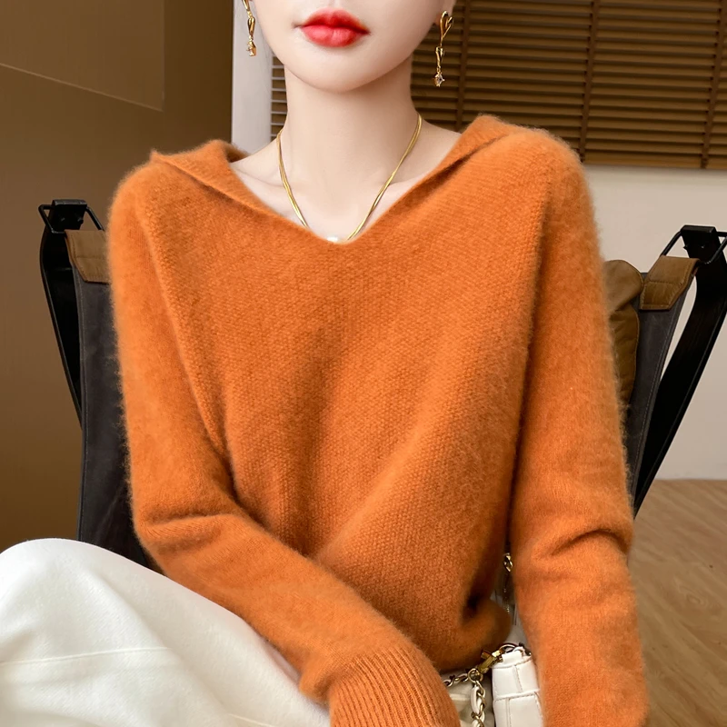 秋冬桂花针羊毛针织羊毛衫女连帽卫衣帽衫长袖纯色毛衣上衣打底衫