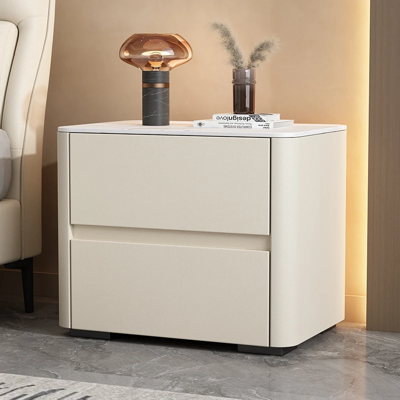 超纤皮质北欧简约岩板软包床头柜现代简约卧室实木极简小型床边柜