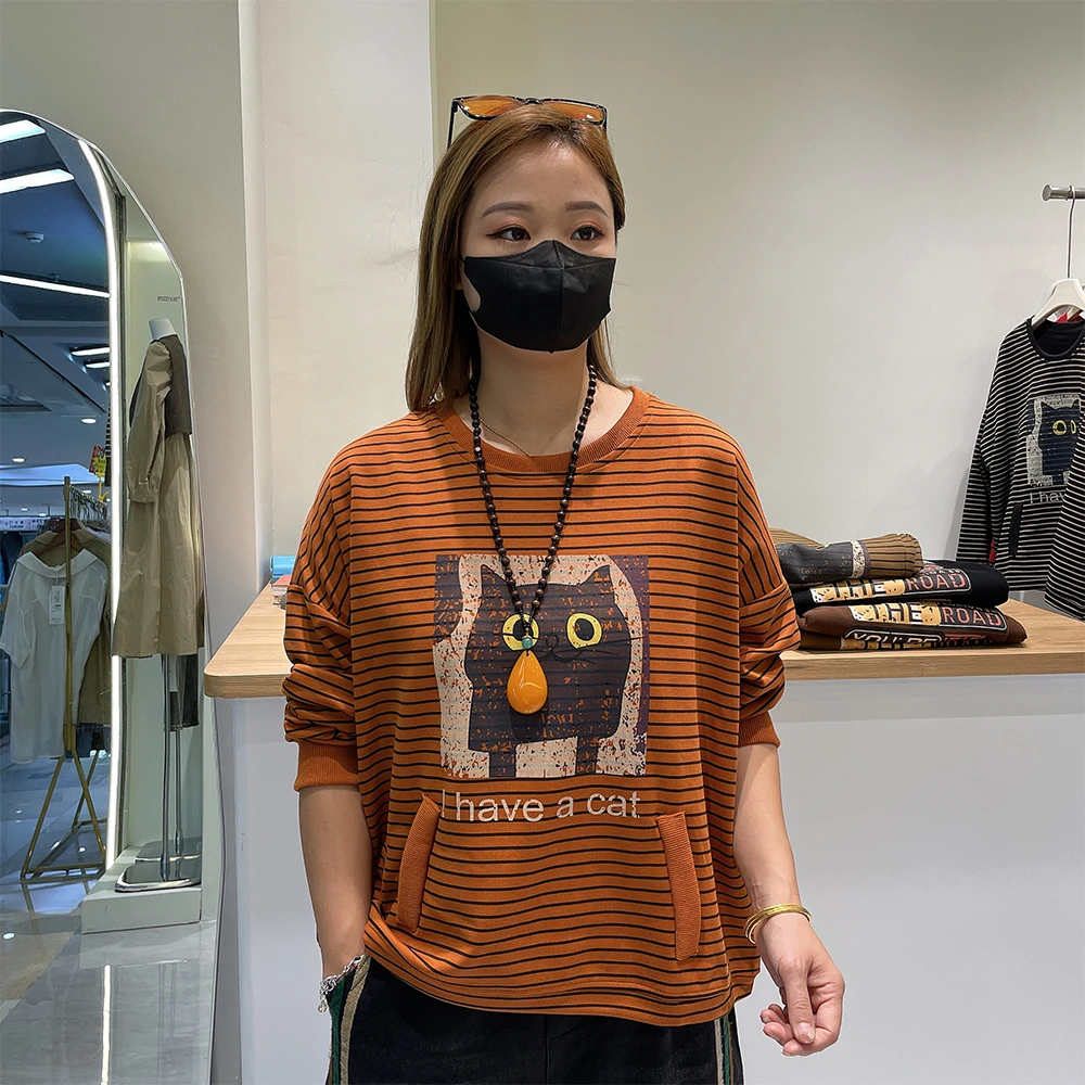 新款春秋条纹猫猫印花卫衣圆领休闲百搭大版宽松长袖上衣女