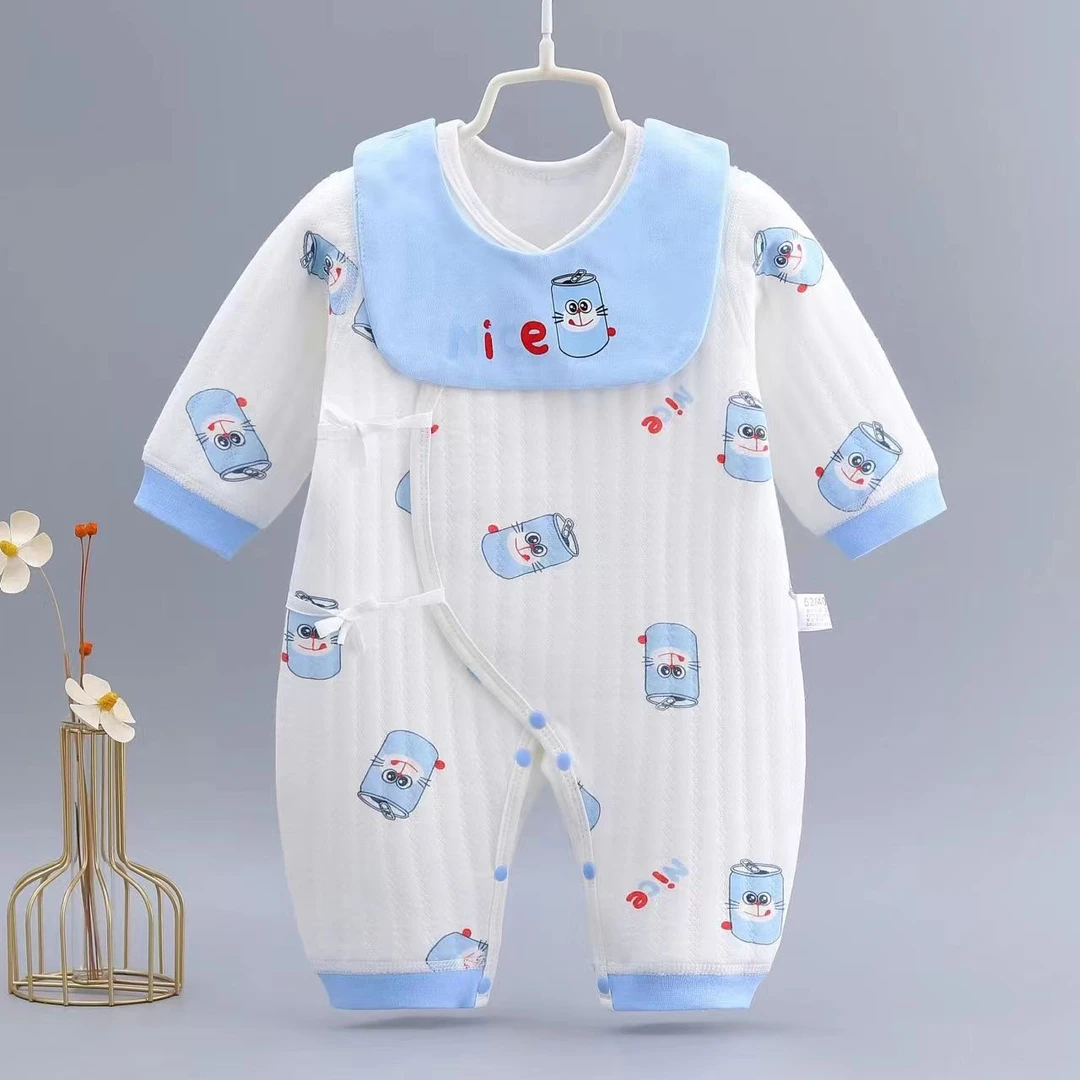 【送围嘴】婴儿三层保暖蝴蝶衣偏襟系带和尚服连体衣夹棉哈衣