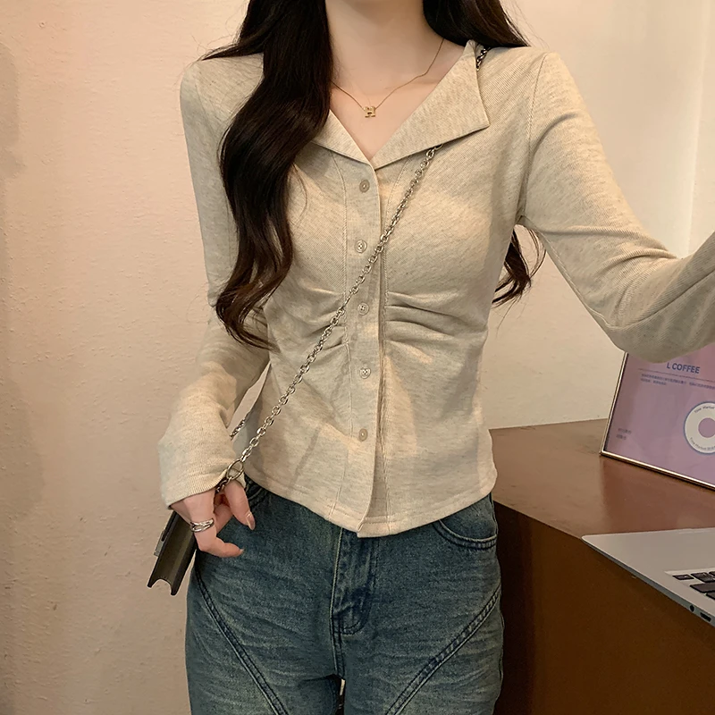 网红绵羊绒女春秋薄款2024纯色开衫短款外套翻领上衣长袖T恤