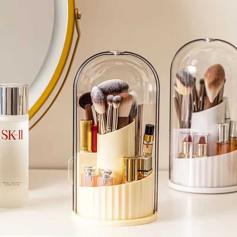 优兀轻奢旋转化妆刷收纳盒透明简约分格大容量家用口红唇釉收纳桶