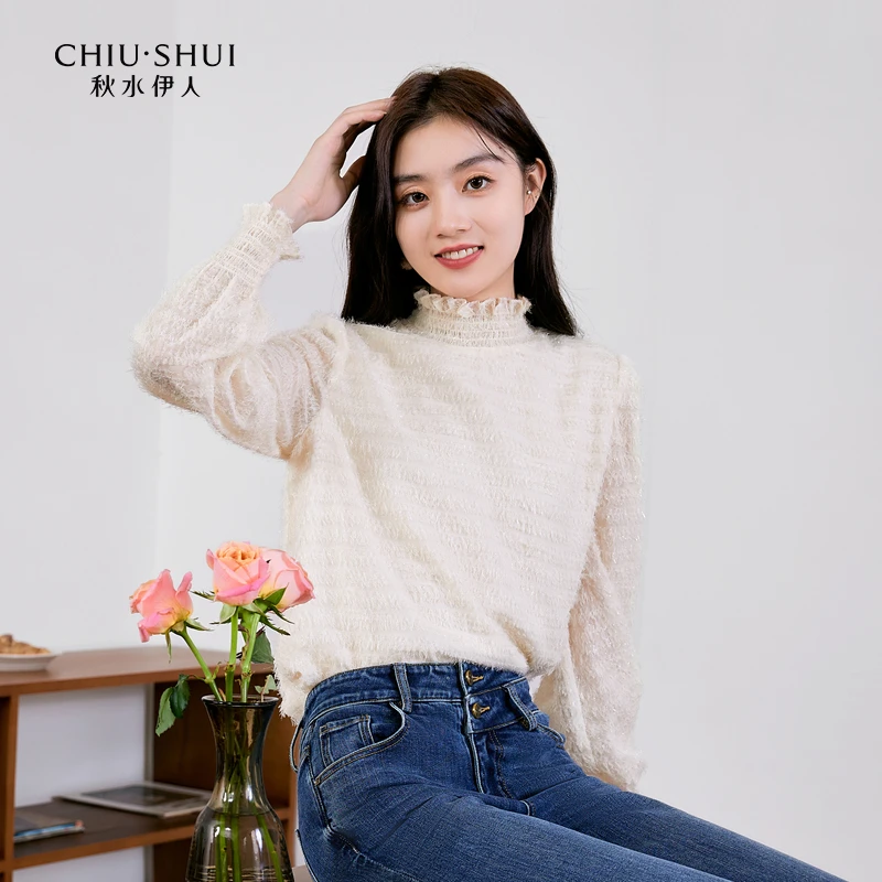 秋水伊人时尚减龄纯色蕾丝衫冬季新款女半高领长袖打雅丹风
