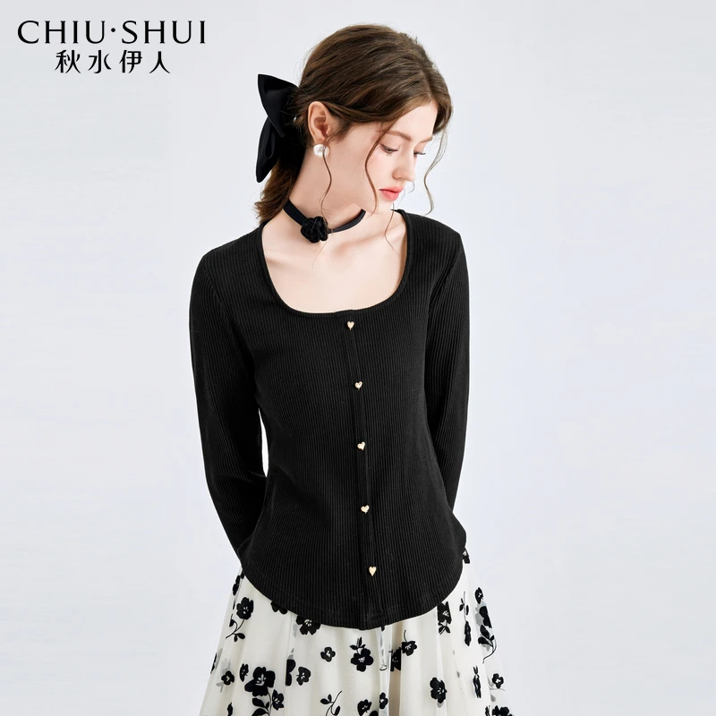 秋水伊人大方领基础百搭T恤上衣2025年春季新款女时髦小个子内搭