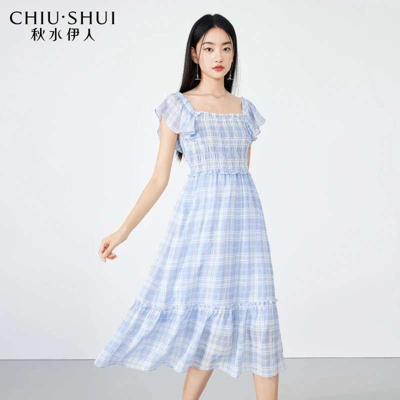 秋水伊人优雅方领显瘦中长款连衣裙夏季新款女装设计感裙子