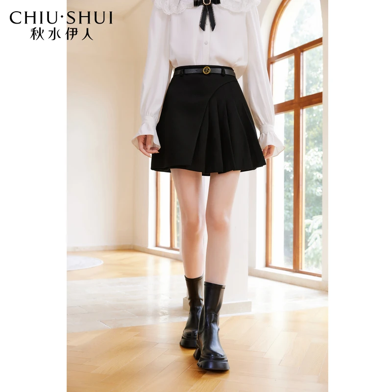 秋水伊人斜纹小A不规则半身裙2023年冬季新款女装小个子百搭裙子