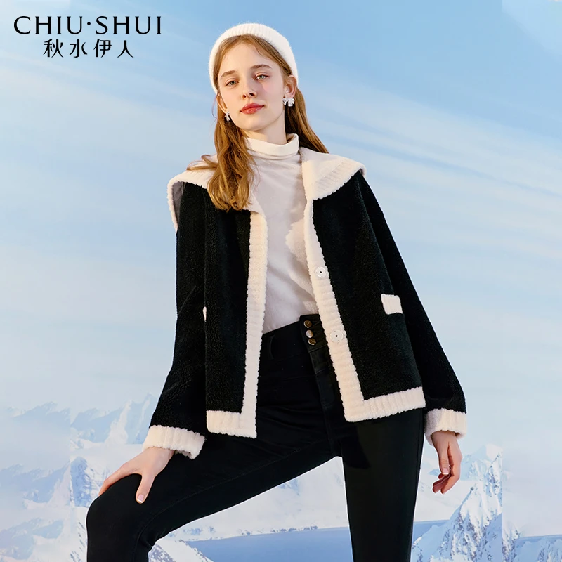 秋水伊人气质海军领全绵羊毛皮草2023冬季新款女时髦撞色保雅丹风