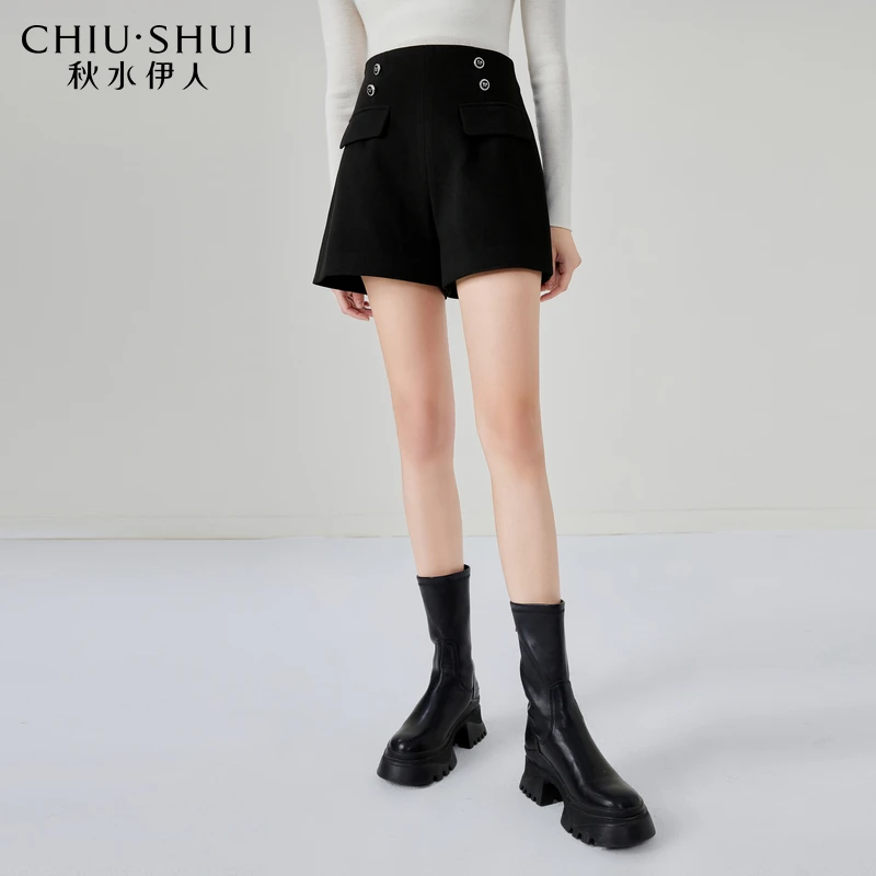 秋水伊人经典黑色高腰休闲毛呢裤女时尚外搭裤子623409C080695