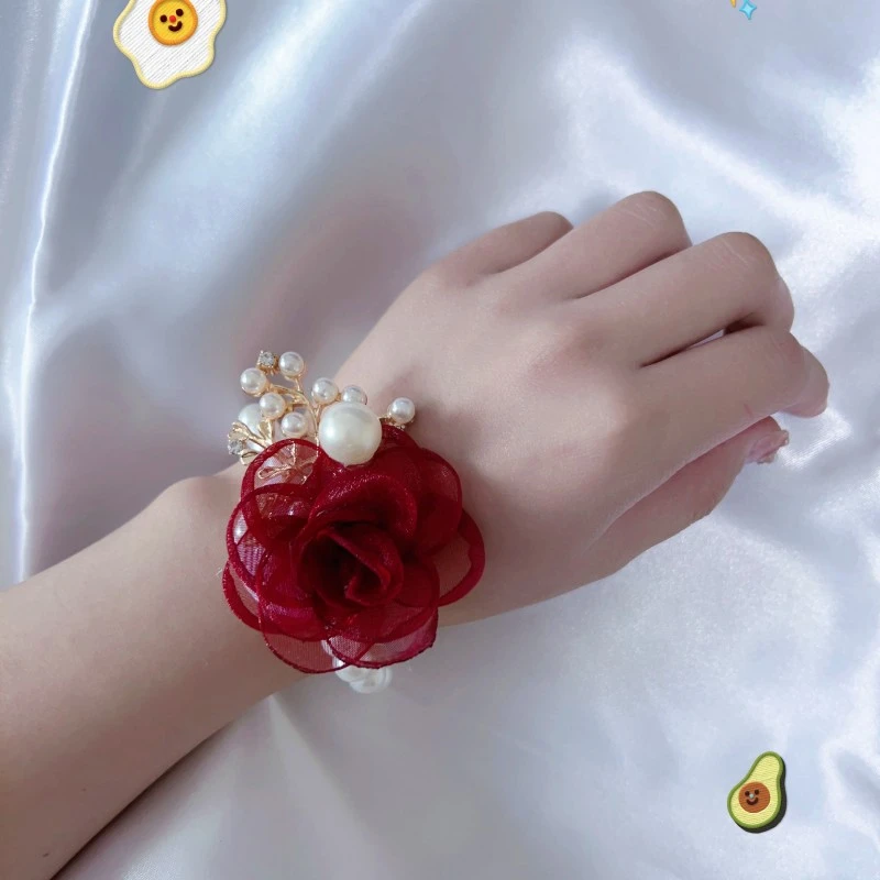 酒红色珍珠手腕花伴娘结婚新娘伴手礼超仙甜美姐妹团手花伴郎