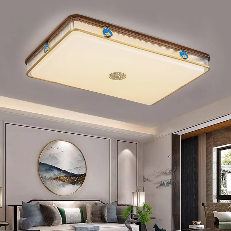 新中式客厅灯卧室方形灯轻奢禅意家用全铜吸顶灯大气广东中山灯具