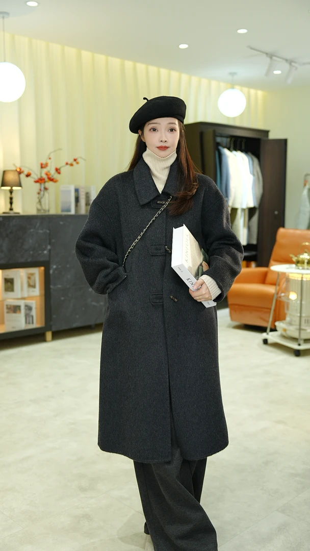 2024秋冬新款加厚娃娃领中长款减龄百搭时尚双面绵羊毛女士大衣