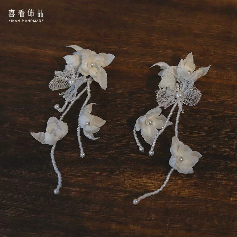 非金属布艺耳饰 原创手作森系花朵串珠流苏气质长款耳夹耳饰TH595