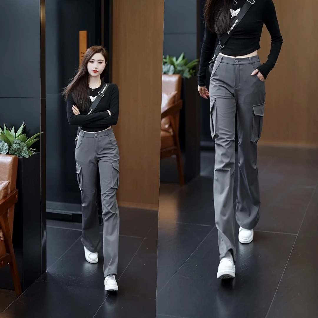 美式复古工装裤微喇叭女款2024秋冬新款黑色高腰显瘦户外运动裤