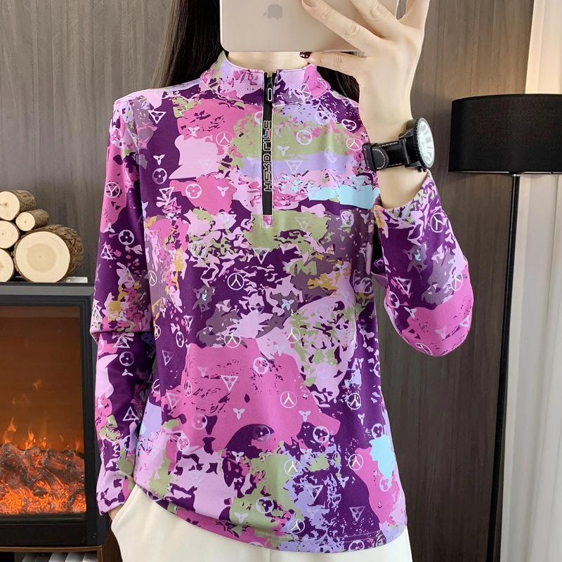 女款加绒秋冬保暖衣户外运动长袖T恤弹力休闲跑步打底衫迷彩内搭