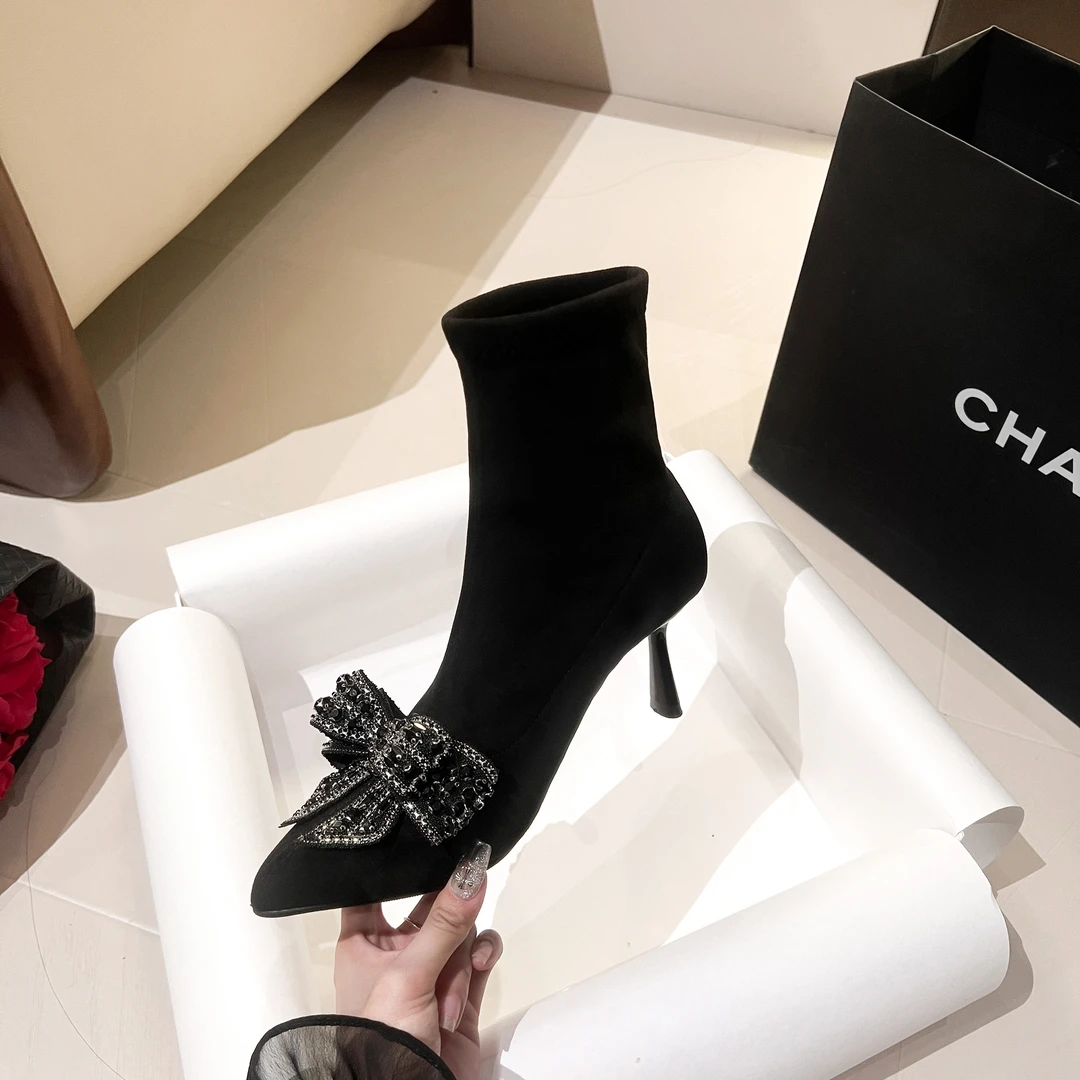 高跟瘦瘦靴2025新款细跟轻奢气质蝴蝶结尖头冬季弹力靴百搭女鞋