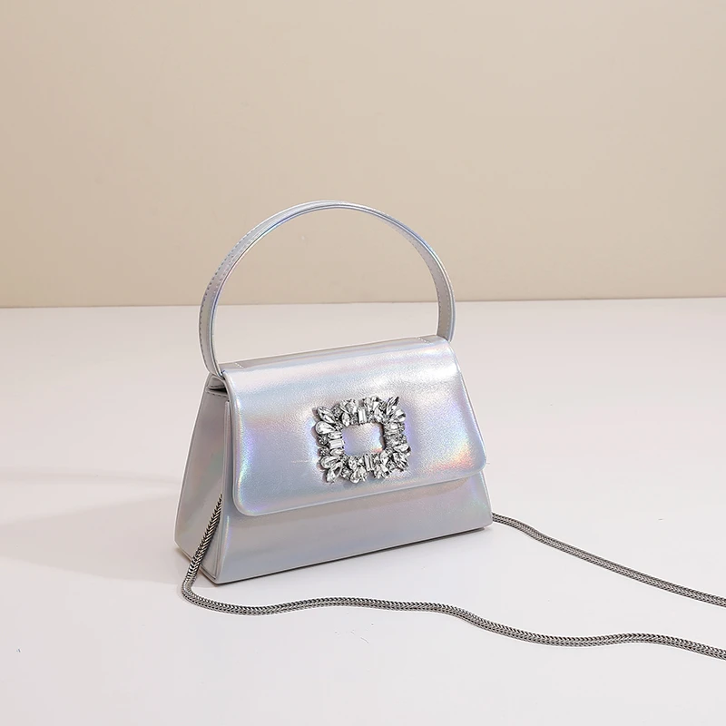 法式轻奢镭射小方包宴会水钻包包时尚复古百搭红色手提单肩斜挎包