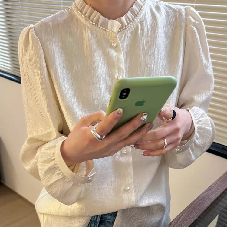 气质小衫2024秋季新品小香风花边立领珍珠长袖衬衫女复古时尚百搭