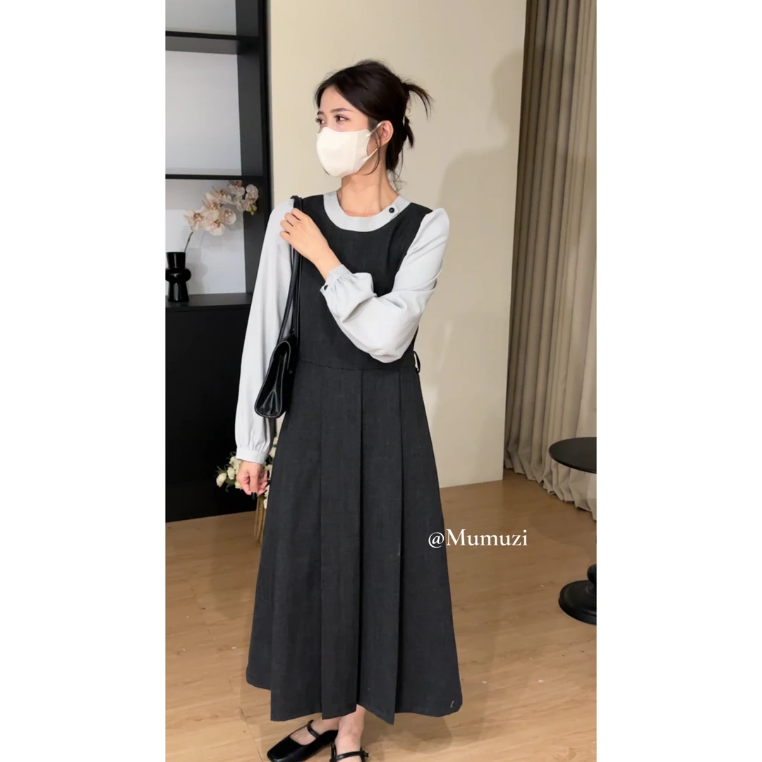 【no退no换】（配腰带）假两件西装拼色连衣裙女