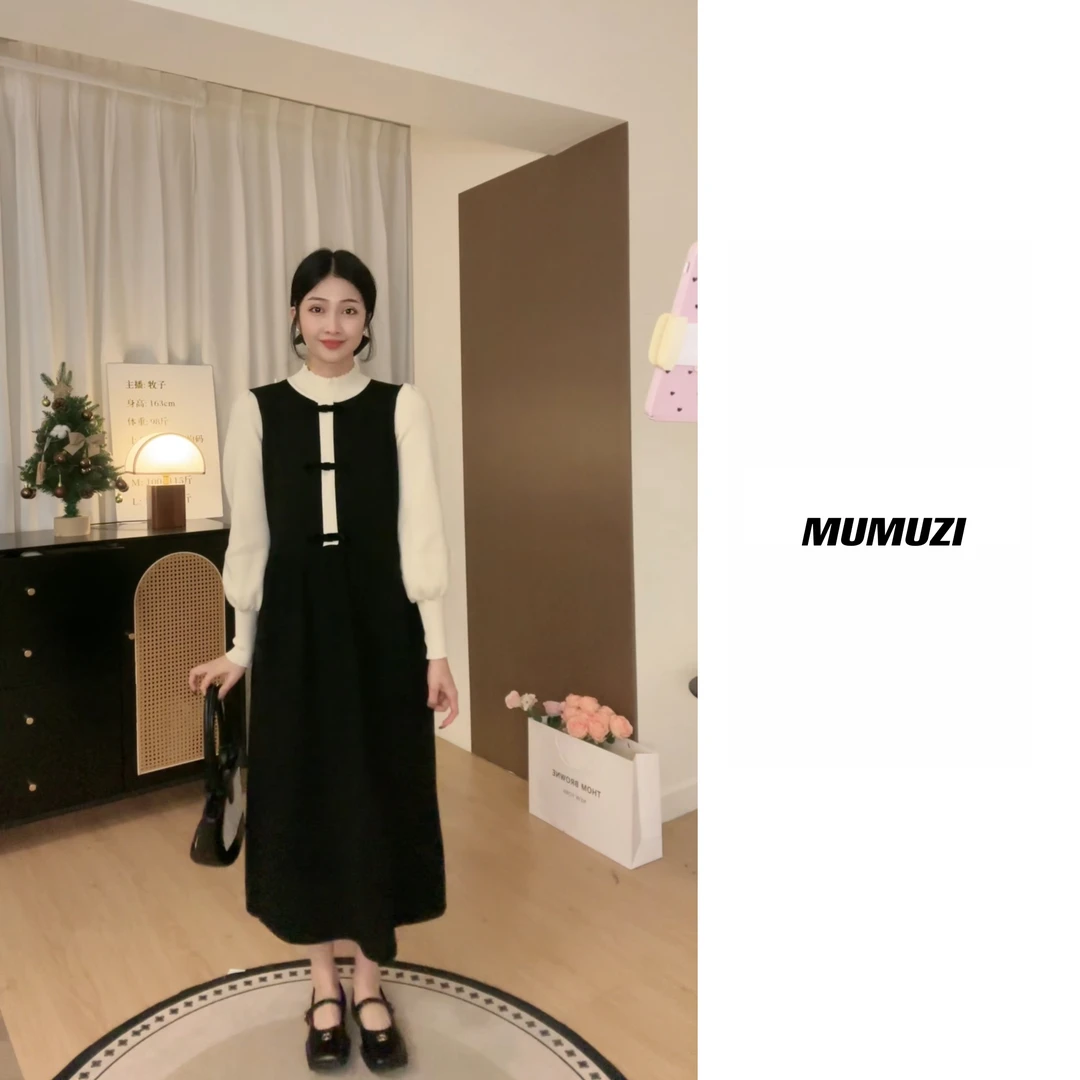 【no退no换】假两件拼接针织法式气质显瘦女装连衣裙