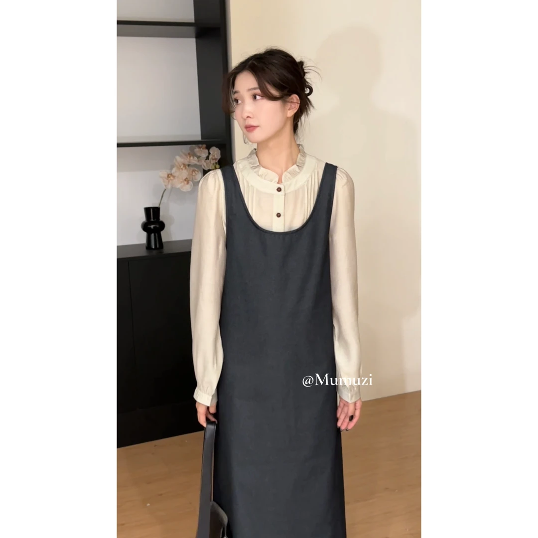 【no退no换】法式复古牛仔背心裙+花边衬衫两件套