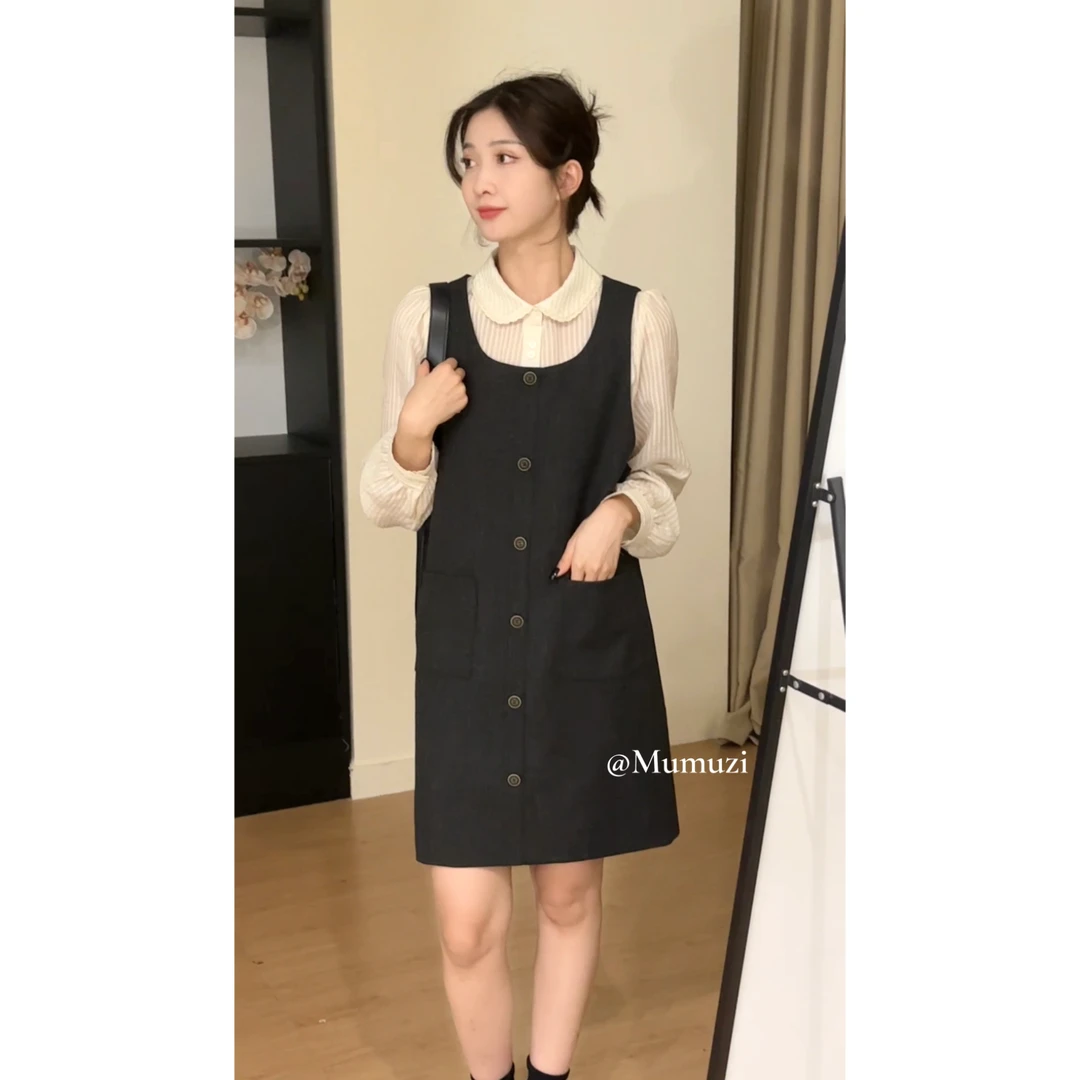 【no退no换】复古单排扣背心裙直筒宽松外搭套装