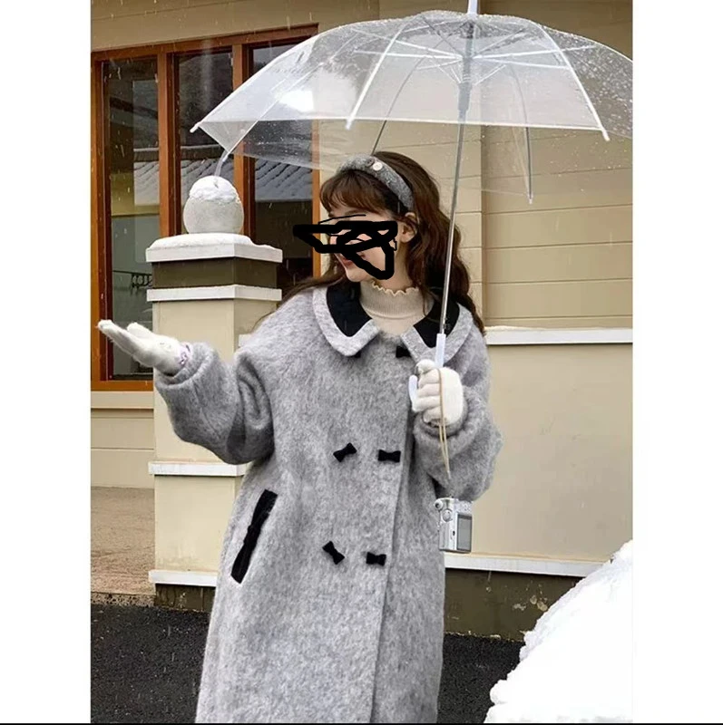 新款灰色双面毛呢大衣女中长款秋冬韩系气质高级感小个子毛呢外套