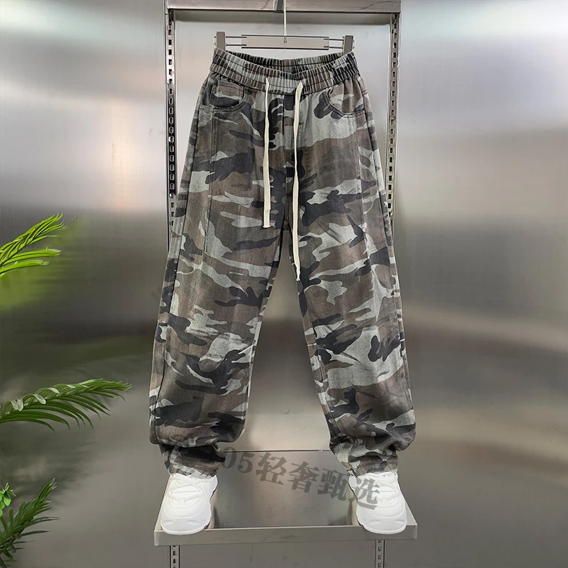 【个性】美式复古弯刀裤男生直筒满印迷彩裤男女高街百搭休闲拖地裤