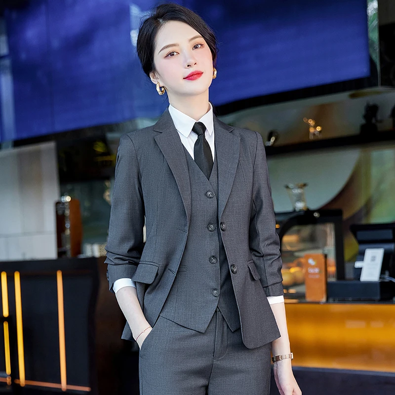 灰色西装外套女秋冬新款职业装商务正装酒店销售工作制服套装2102