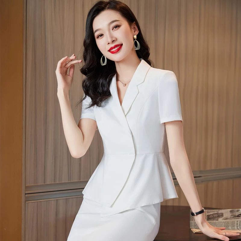 白色西装女夏季短袖职业装气质女神范美容师珠宝店前台工作服9836