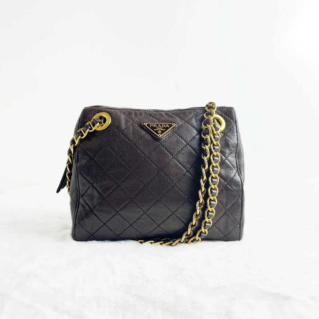 95新 Prada/普拉达 普拉达  PRADA  棕色 金扣 牛皮 链条包/4130