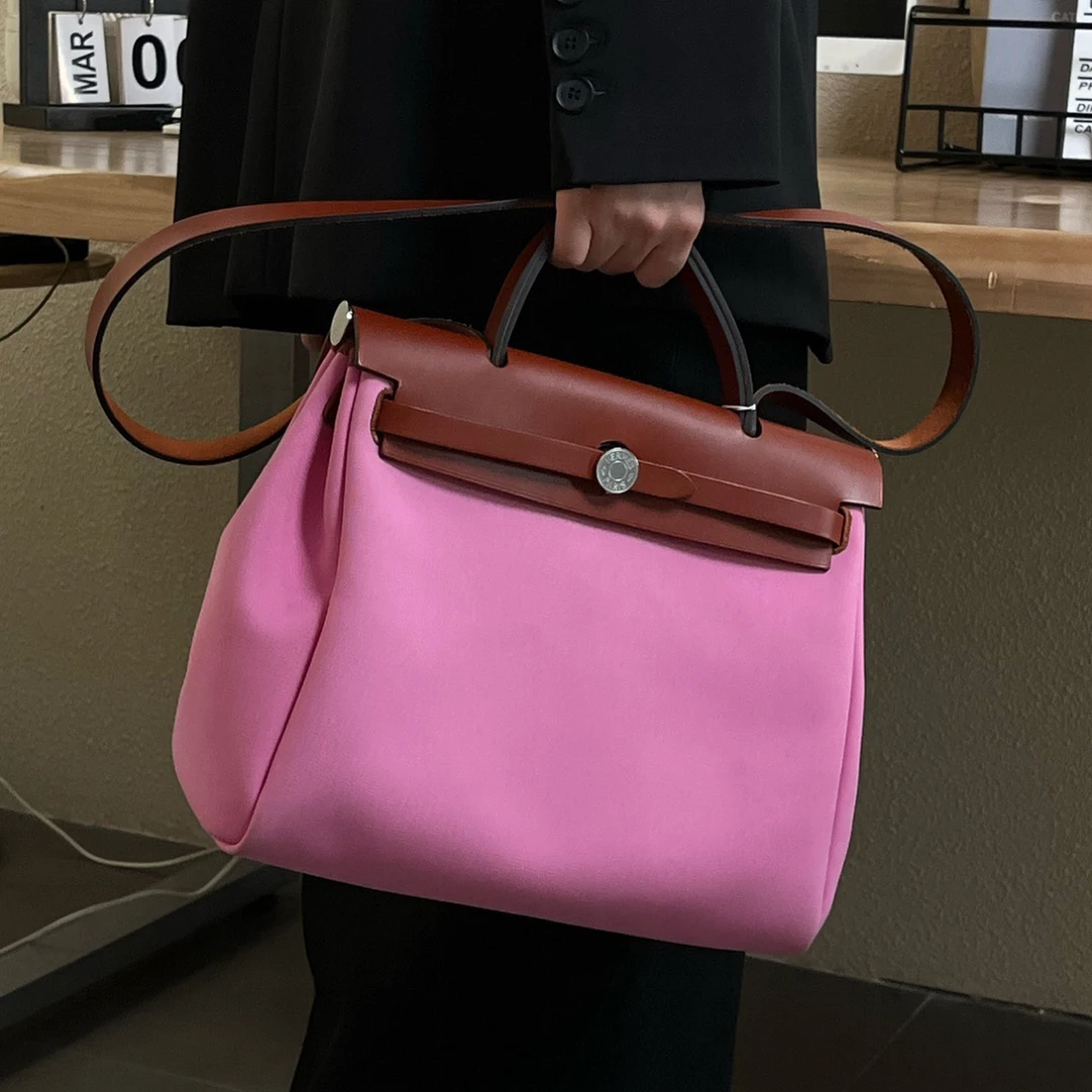 95新 Hermes/爱马仕 herbag31樱花粉银扣单肩包Y刻/1302
