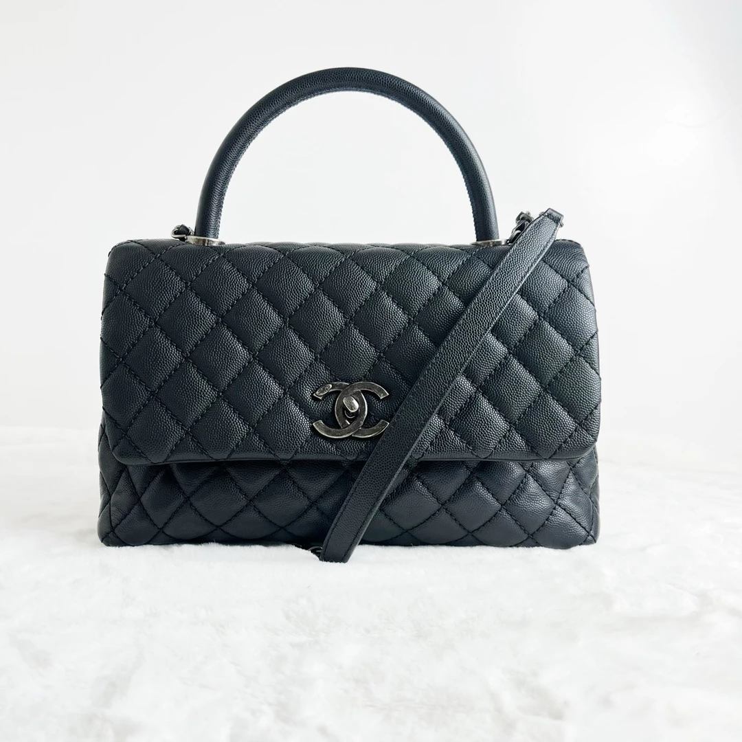 95新 Chanel/香奈儿 Coco handle 中号 黑色荔枝皮 链条包/1920