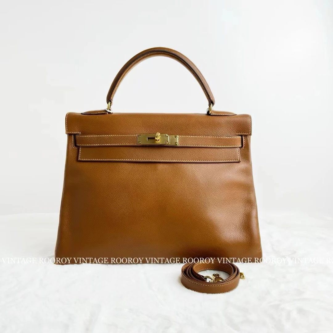 95新 Hermes/爱马仕 金棕kelly32圈T刻手提包/4186