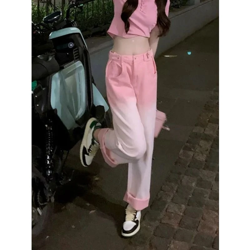 145小个子设计感辣妹渐变粉色宽松直筒牛仔裤女高腰显瘦阔腿长裤