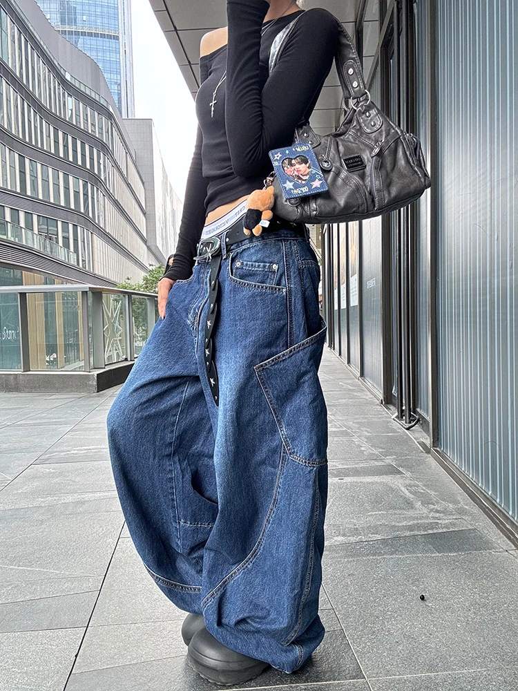 美式复古街头设计感廓形弯刀牛仔裤宽松阔腿拖地镰刀长裤