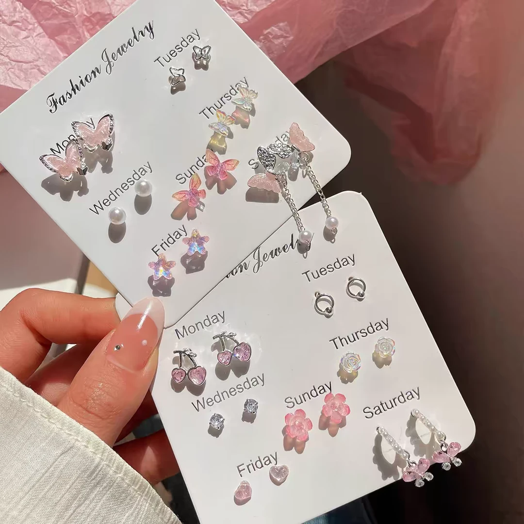 合金耳饰 春夏粉色甜美风蝴蝶耳环小众设计气质耳钉百搭时尚耳饰