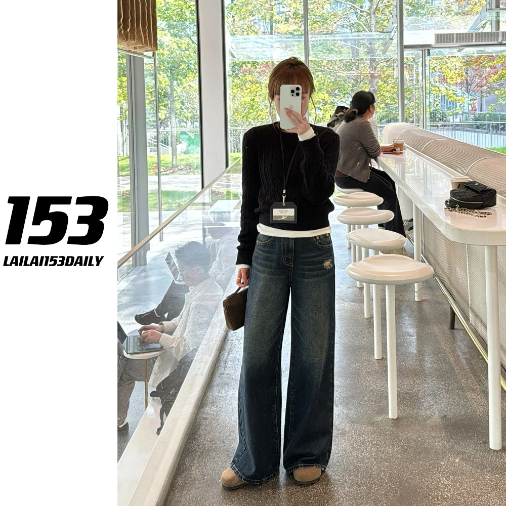 【153的日常】磨破牛仔裤显瘦直筒时尚百搭秋冬24QK721