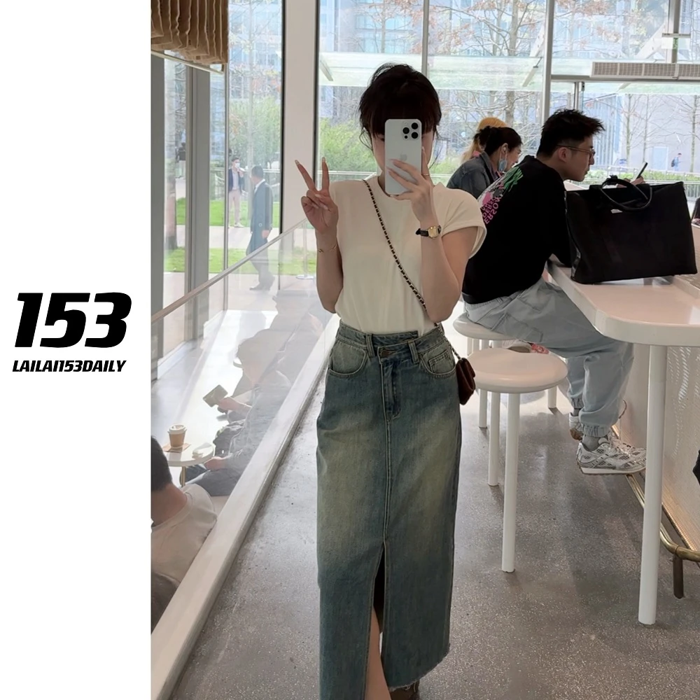 【153的日常】小个子显瘦时尚百搭开叉设计感牛仔半身裙24XQ499