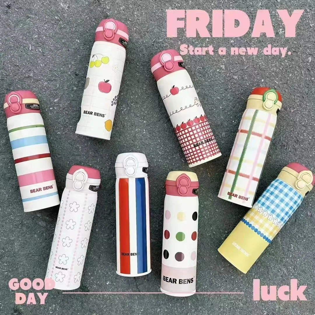 熊本士480ML双饮保温杯高颜值316L不锈钢吸管杯便携弹盖大容量中