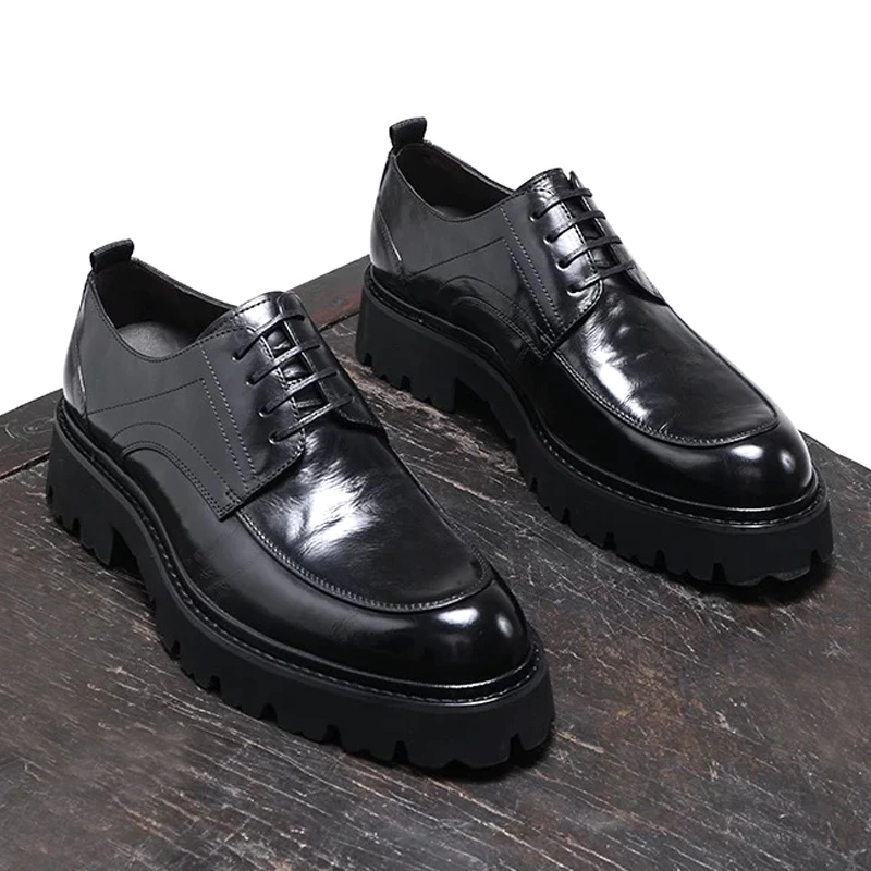 高档手抓纹胎牛皮鞋男士英伦商务正装皮鞋男鞋真皮透气增高德比鞋