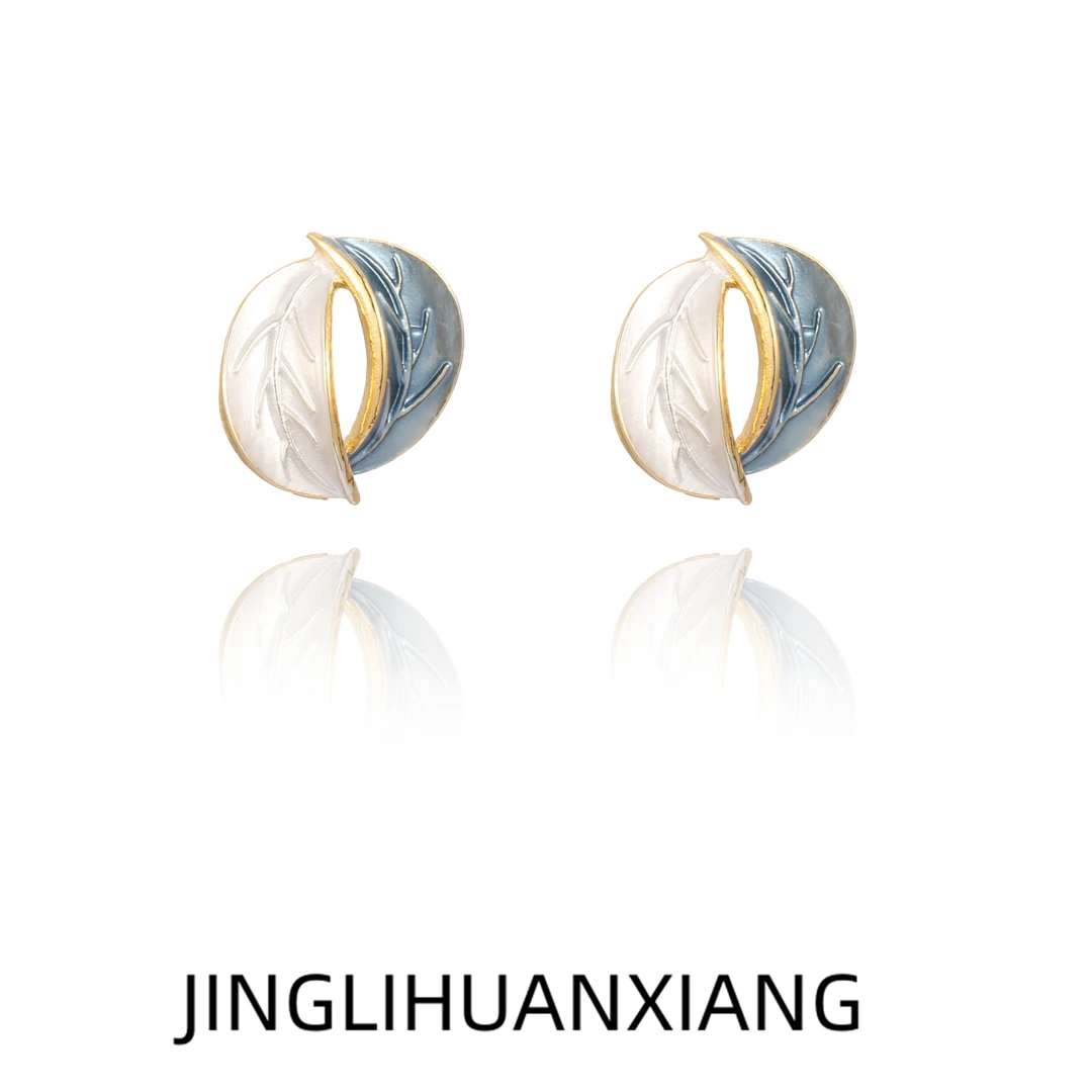 合金耳饰 c-395设计感茶系灰蓝叶子耳环独特气质高级感耳钉港风