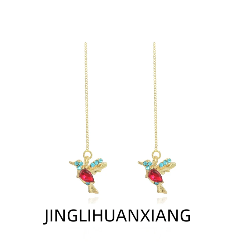 合金耳饰 c-003彩色小鸟耳线长款耳环女蜂鸟耳坠可爱小动物耳饰