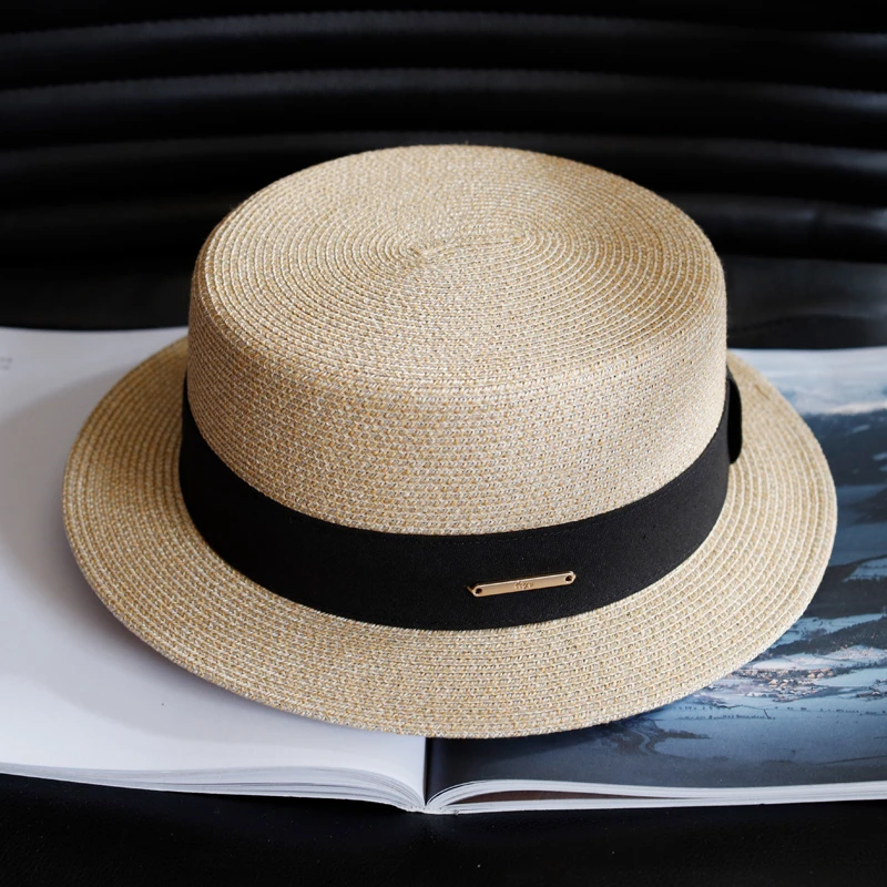 枥野时尚短檐平顶编织遮阳草帽女夏日系新款防晒小沿太阳帽男黑色