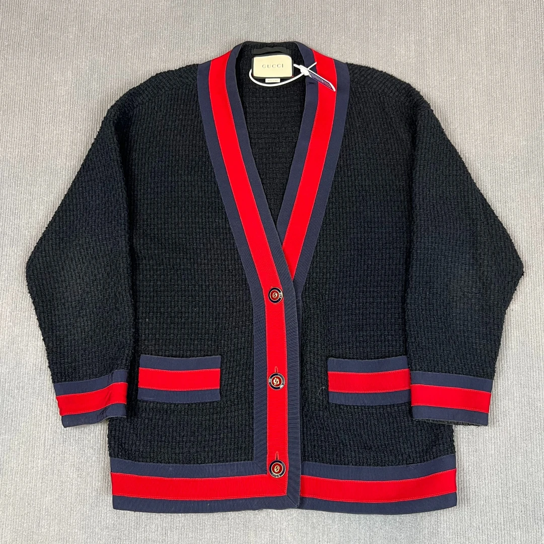 95新 GUCCI/古驰 2411110/36码/拼接装饰大V领针织开衫/27181
