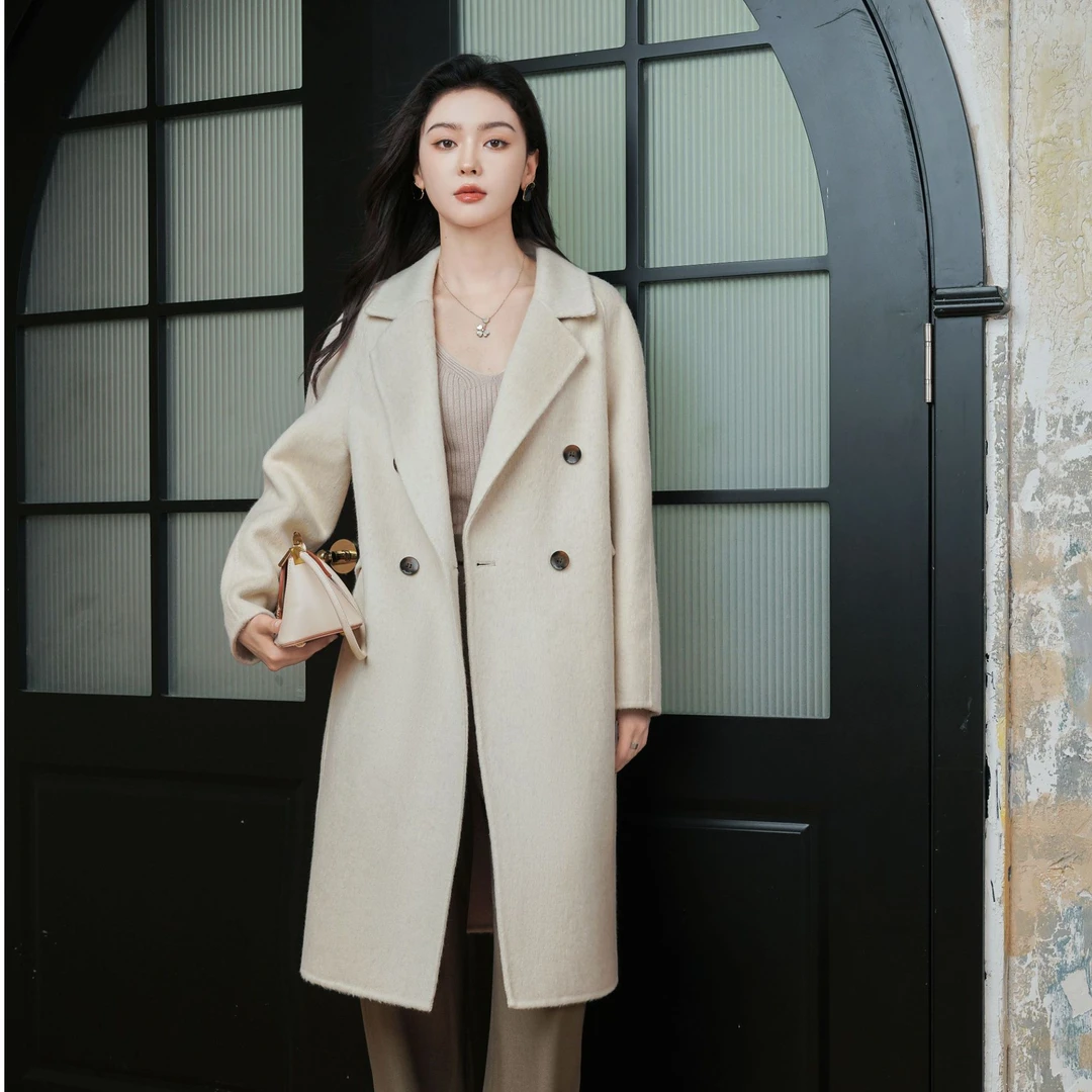 双面羊毛大衣女中长款秋冬款韩版西装领双排扣羊毛大衣休闲外套女