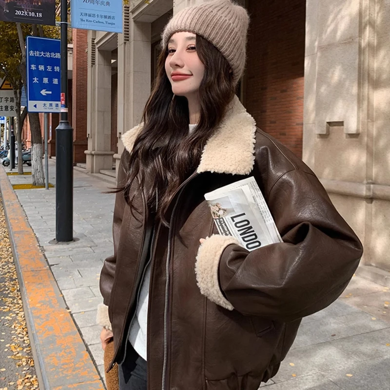 美式复古咖色全羊毛外套女短款2024冬季新款绵羊毛加厚保暖