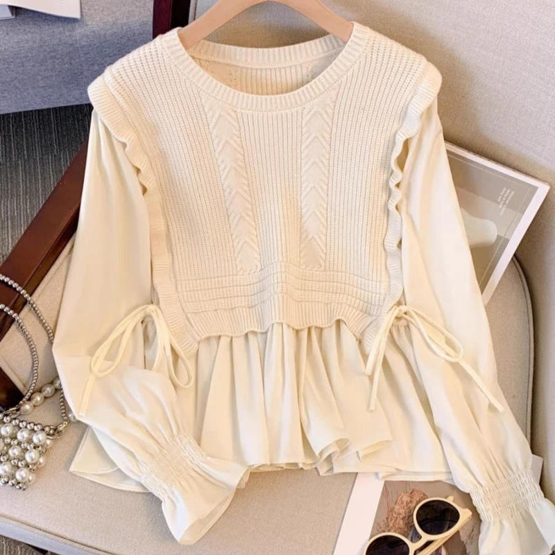 【361-370】温柔系拼接针织衫女设计感小众早秋软糯毛衣宽松