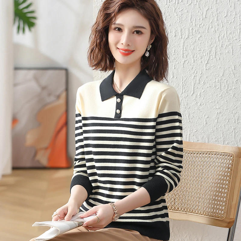 妈妈秋装针织衫上衣中年女装时尚条纹毛衣中老年女春秋洋气打底衫