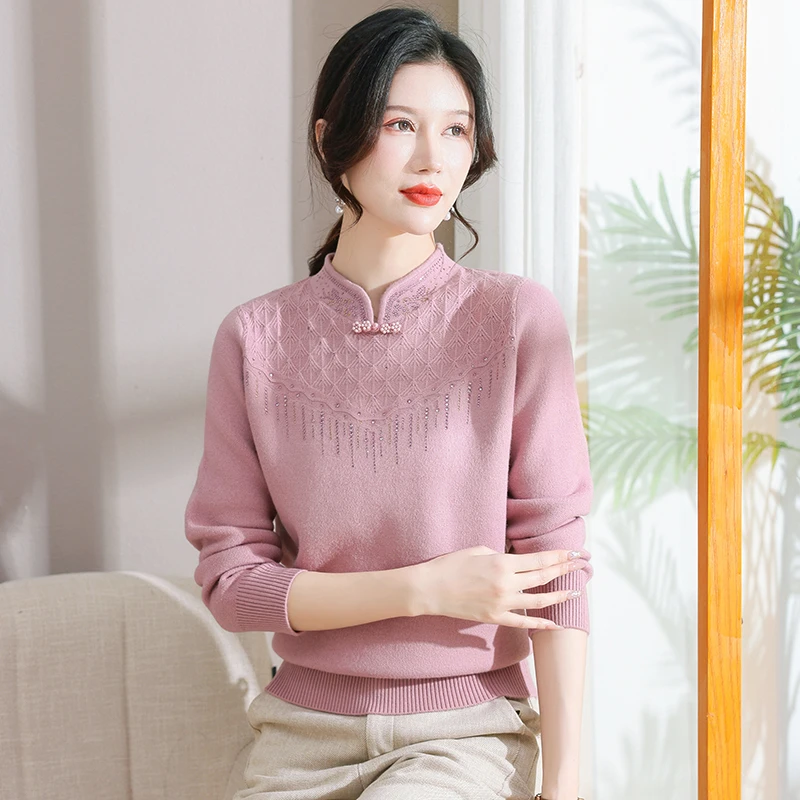 妈妈秋冬装加厚打底衫中老年女装加绒旗袍领长袖上衣保暖洋气毛衣